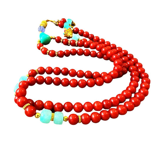 Authentic Sichuan Red Agate 108 Bead Mala with Turquoise Guru Bead | DUYI Crafts Original Design