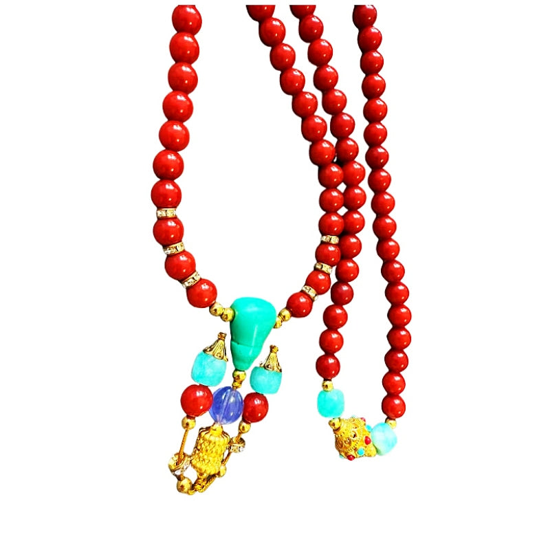 Authentic Sichuan Red Agate 108 Bead Mala with Turquoise Guru Bead | DUYI Crafts Original Design