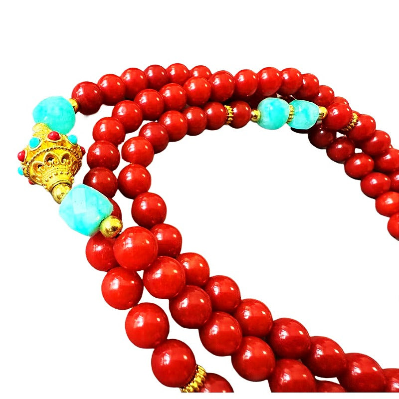 Authentic Sichuan Red Agate 108 Bead Mala with Turquoise Guru Bead | DUYI Crafts Original Design