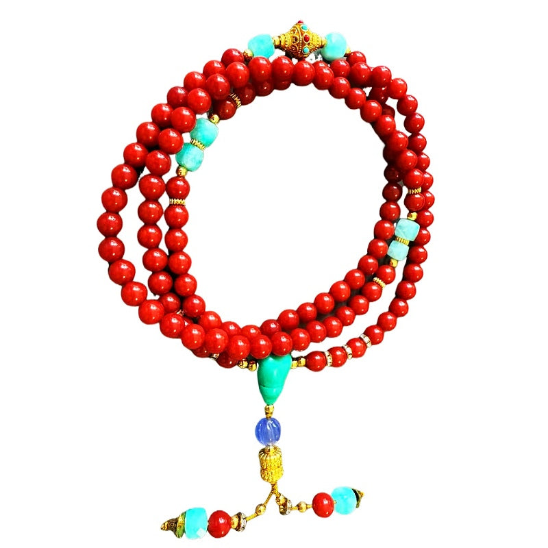 Authentic Sichuan Red Agate 108 Bead Mala with Turquoise Guru Bead | DUYI Crafts Original Design