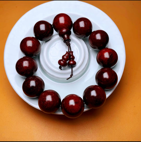 Duyi Crafts Indian Red Sandalwood Bracelet 2.0cm 12 Beads – High Oil Density Old Wood, Natural Finish, No Wax No Glue