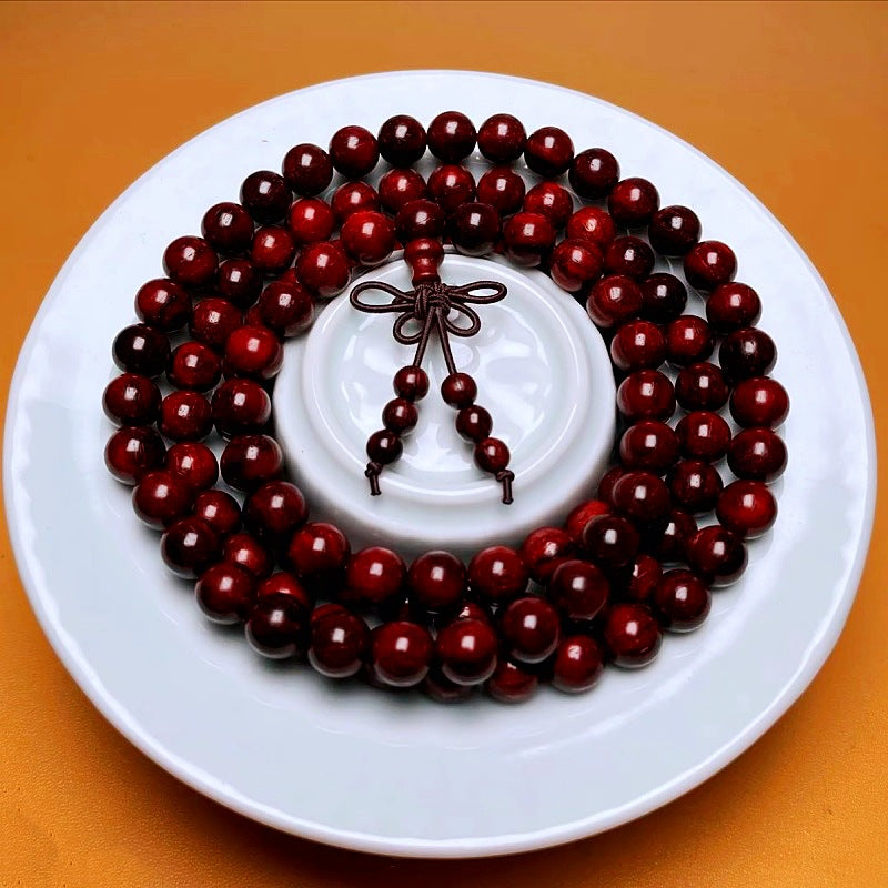 Indian Small-Leaf Rosewood (Zitan) High Density & Oily Old Material 8mm*108 Beads Buddhist Prayer Bracelet — Natural, No Glue, No Waxt Prayer Bracelet — Natural, No Glue, No Wax