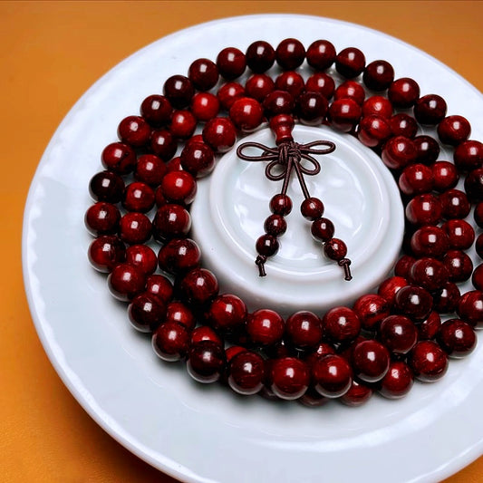 Indian Small-Leaf Rosewood (Zitan) High Density & Oily Old Material 8mm*108 Beads Buddhist Prayer Bracelet — Natural, No Glue, No Waxt Prayer Bracelet — Natural, No Glue, No Wax
