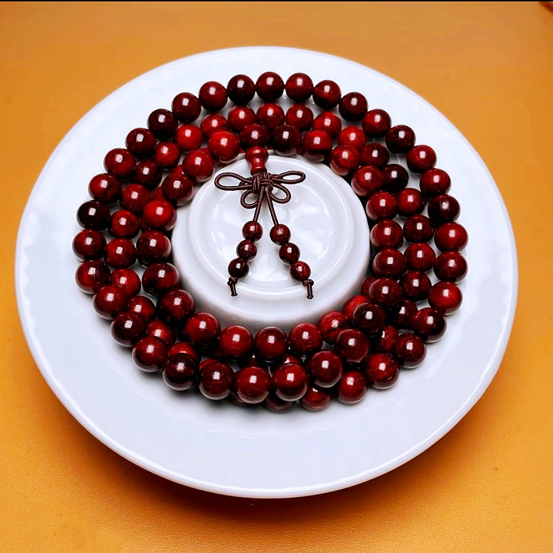 Indian Small-Leaf Rosewood (Zitan) High Density & Oily Old Material 8mm*108 Beads Buddhist Prayer Bracelet — Natural, No Glue, No Waxt Prayer Bracelet — Natural, No Glue, No Wax