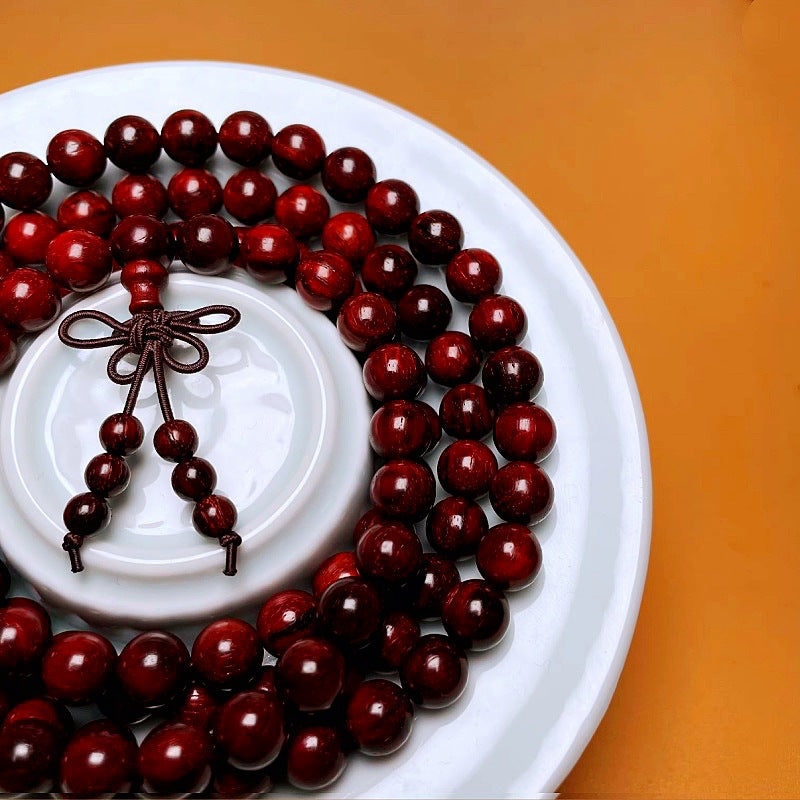 Indian Small-Leaf Rosewood (Zitan) High Density & Oily Old Material 8mm*108 Beads Buddhist Prayer Bracelet — Natural, No Glue, No Waxt Prayer Bracelet — Natural, No Glue, No Wax