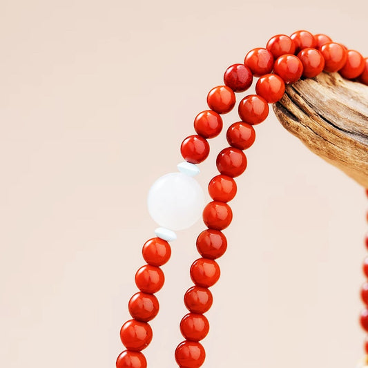 Natural 5mm South Red Agate Bead Necklace with Beeswax & Silver Accents