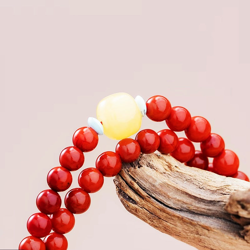 Natural 5mm South Red Agate Bead Necklace with Beeswax & Silver Accents