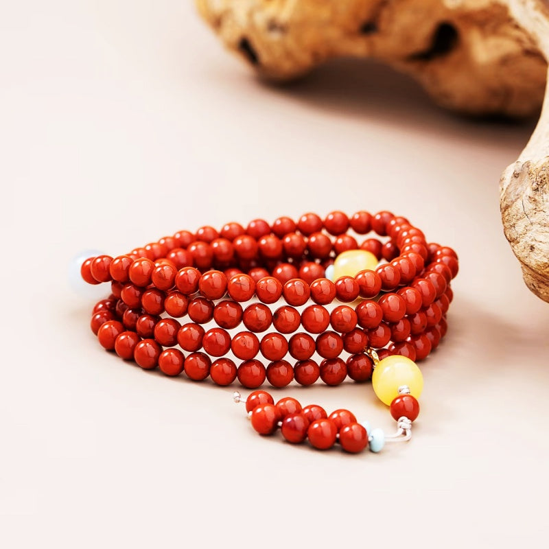 Natural 5mm South Red Agate Bead Necklace with Beeswax & Silver Accents