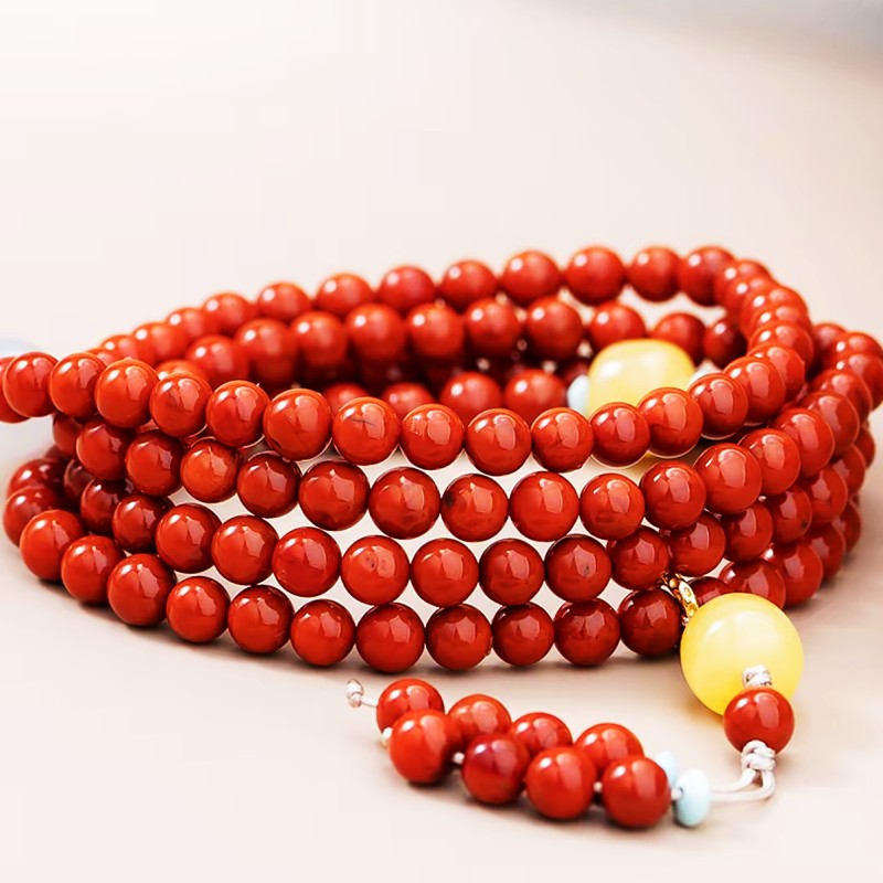 Natural 5mm South Red Agate Bead Necklace with Beeswax & Silver Accents