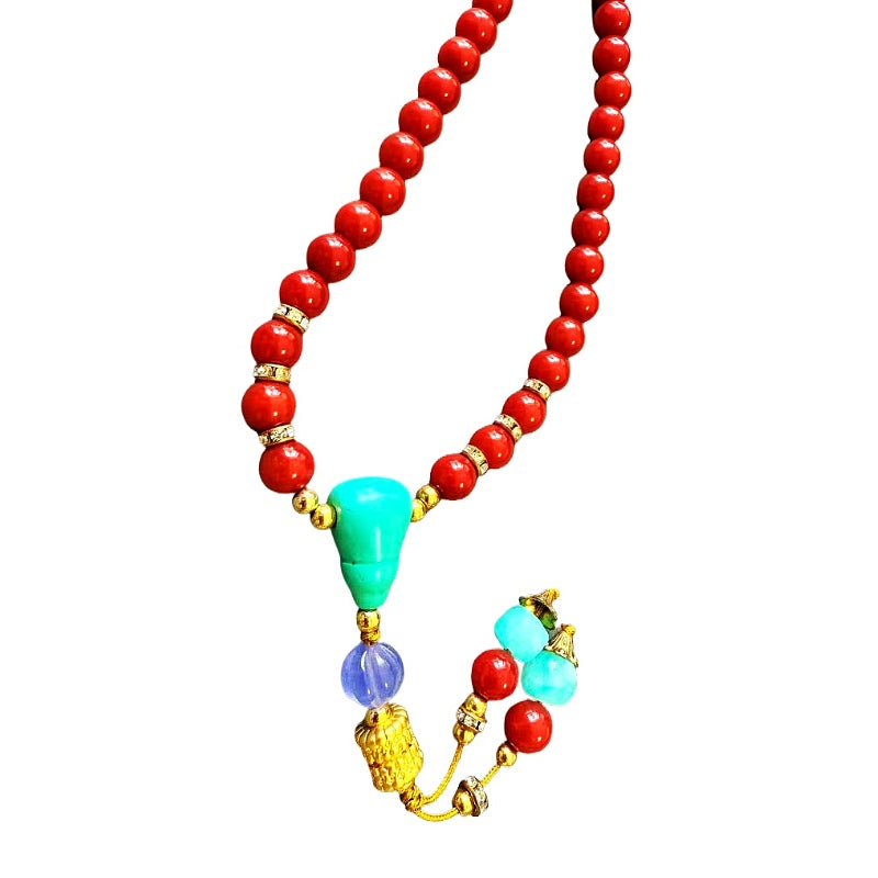 Authentic Sichuan Red Agate 108 Bead Mala with Turquoise Guru Bead | DUYI Crafts Original Design