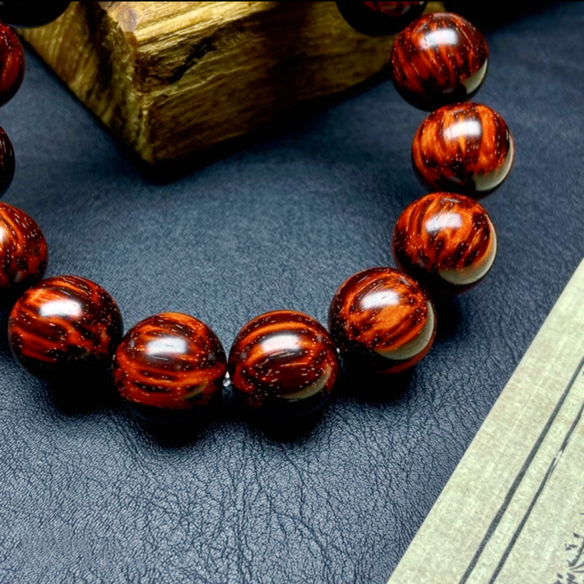 Premium Indian Rosewood Bracelet | 1.5cm Flame Grain, Golden Streaks, High-Oil Sesame Spot Beads