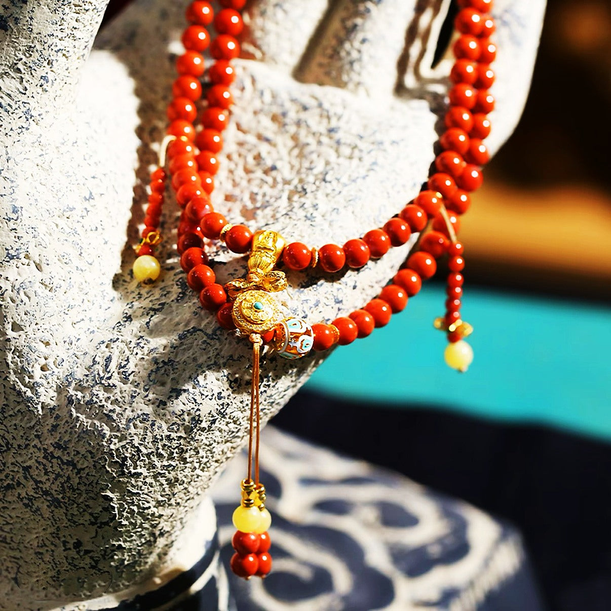 Natural South Red Agate 108 Beads Bracelet with Beeswax & Sterling Silver | DUYI Crafts