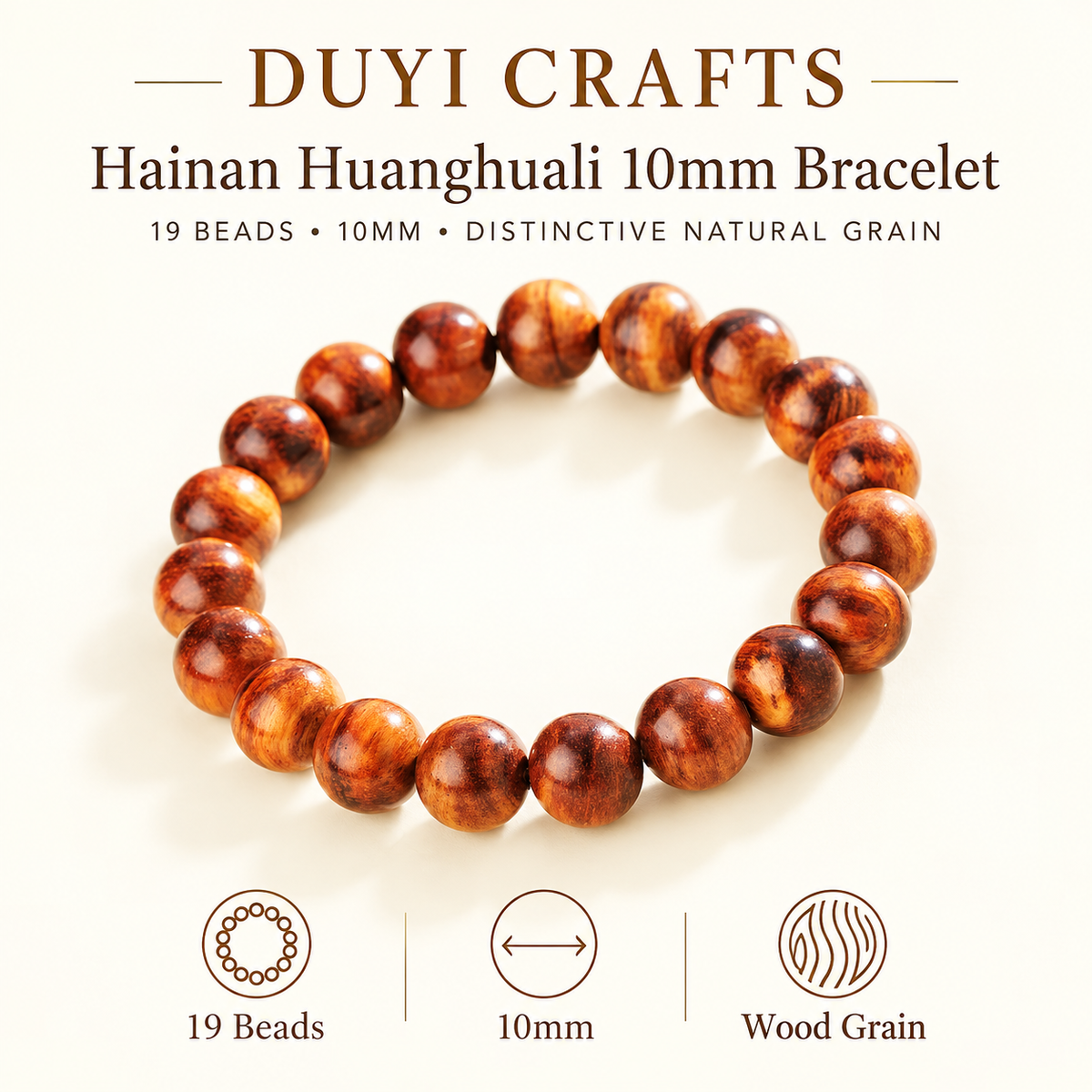 DUYI CRAFTS Hainan Huanghuali 10 mm bracelet with 19 beads and distinctive natural wood grain