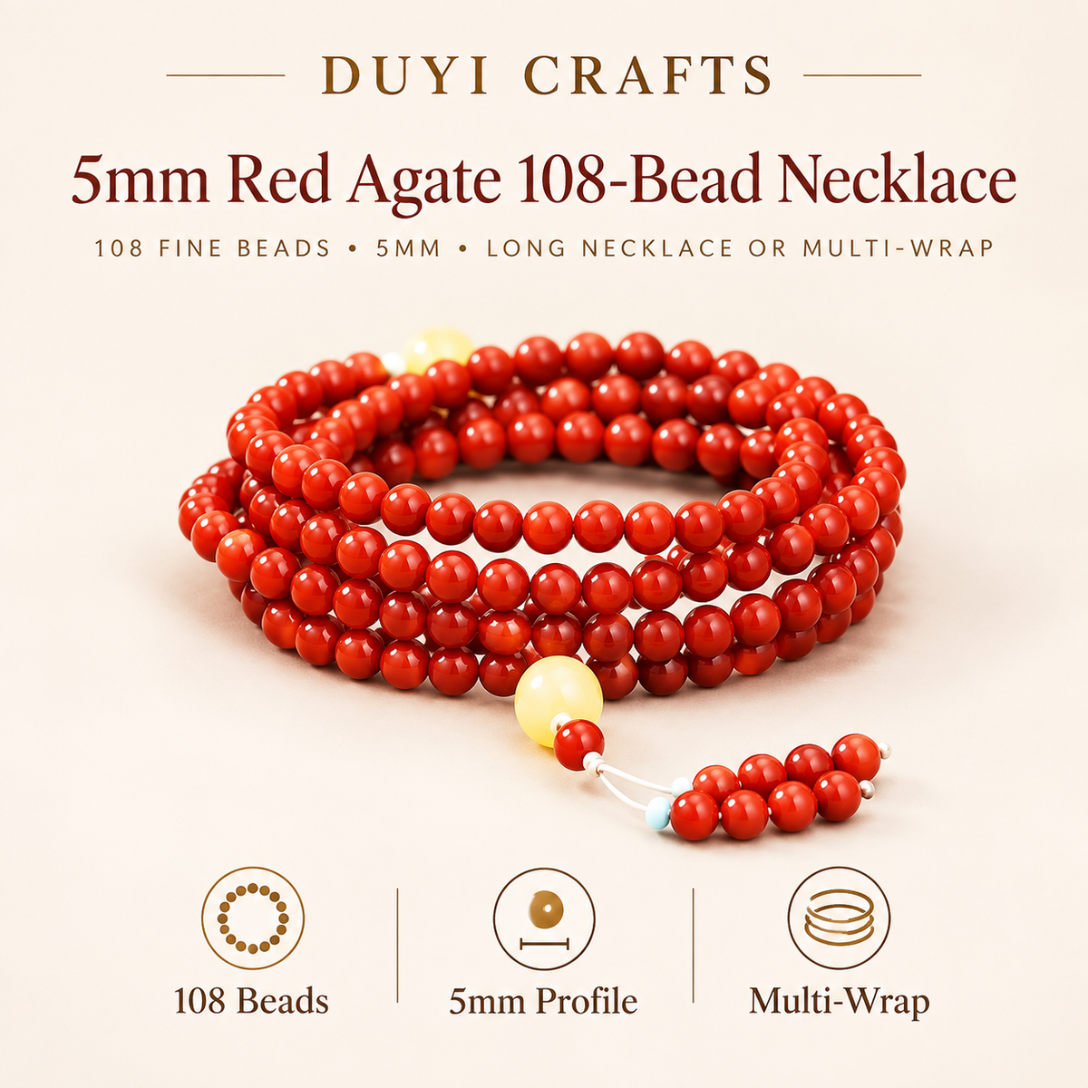 DUYI CRAFTS 5 mm red agate 108-bead necklace for long or multi-wrap wear