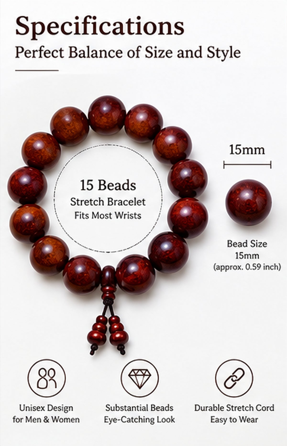 Indian Red Sandalwood Bead Bracelet, 15 mm, 15 Beads product image 3
