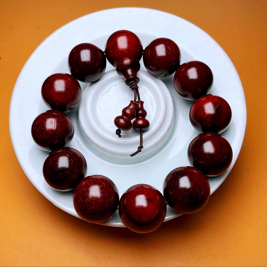 Duyi Crafts Indian Red Sandalwood Bracelet 2.0cm 12 Beads – High Oil Density Old Wood, Natural Finish, No Wax No Glue