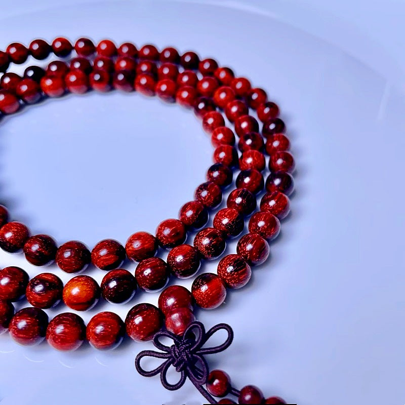 Indian Small-Leaf Rosewood (Zitan) High Density & Oily Old Material 8mm*108 Beads Buddhist Prayer Bracelet — Natural, No Glue, No Waxt Prayer Bracelet — Natural, No Glue, No Wax