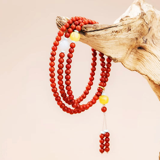Natural 5mm South Red Agate Bead Necklace with Beeswax & Silver Accents