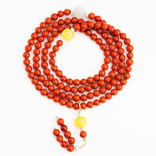 Natural 5mm South Red Agate Bead Necklace with Beeswax & Silver Accents