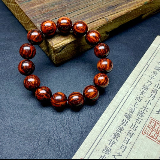 Premium Indian Rosewood Bracelet | 1.5cm Flame Grain, Golden Streaks, High-Oil Sesame Spot Beads