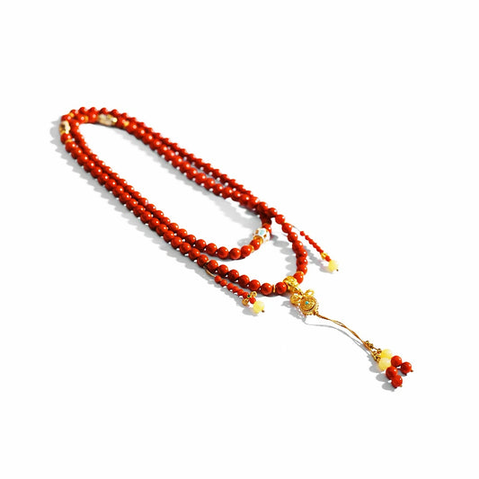 Natural South Red Agate 108 Beads Bracelet with Beeswax &amp; Sterling Silver | DUYI Crafts