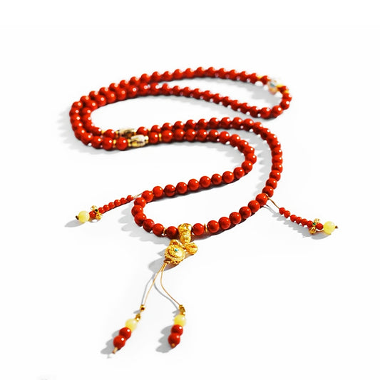 Natural South Red Agate 108 Beads Bracelet with Beeswax &amp; Sterling Silver | DUYI Crafts