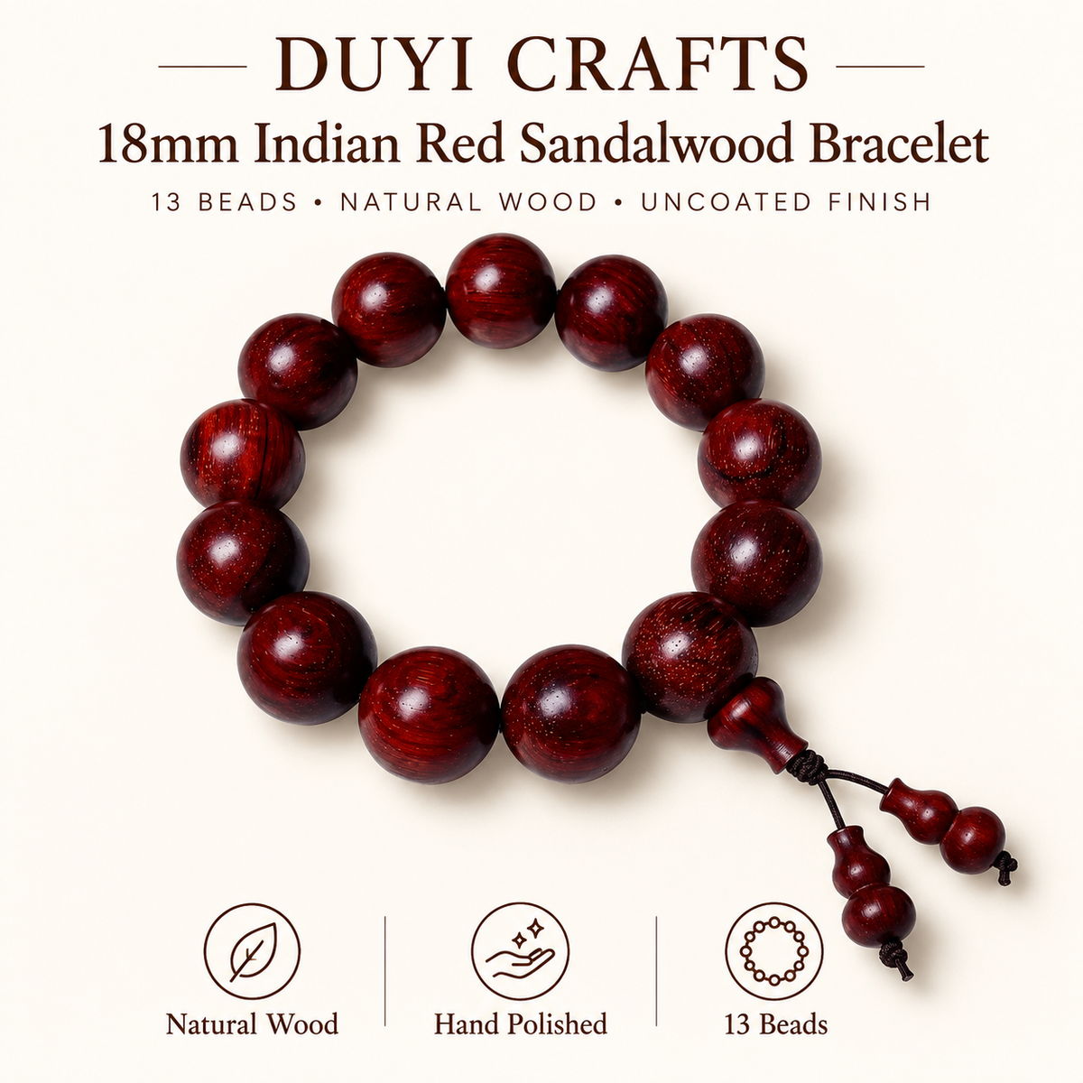 DUYI CRAFTS 18 mm Indian red sandalwood bracelet with 13 beads and uncoated finish