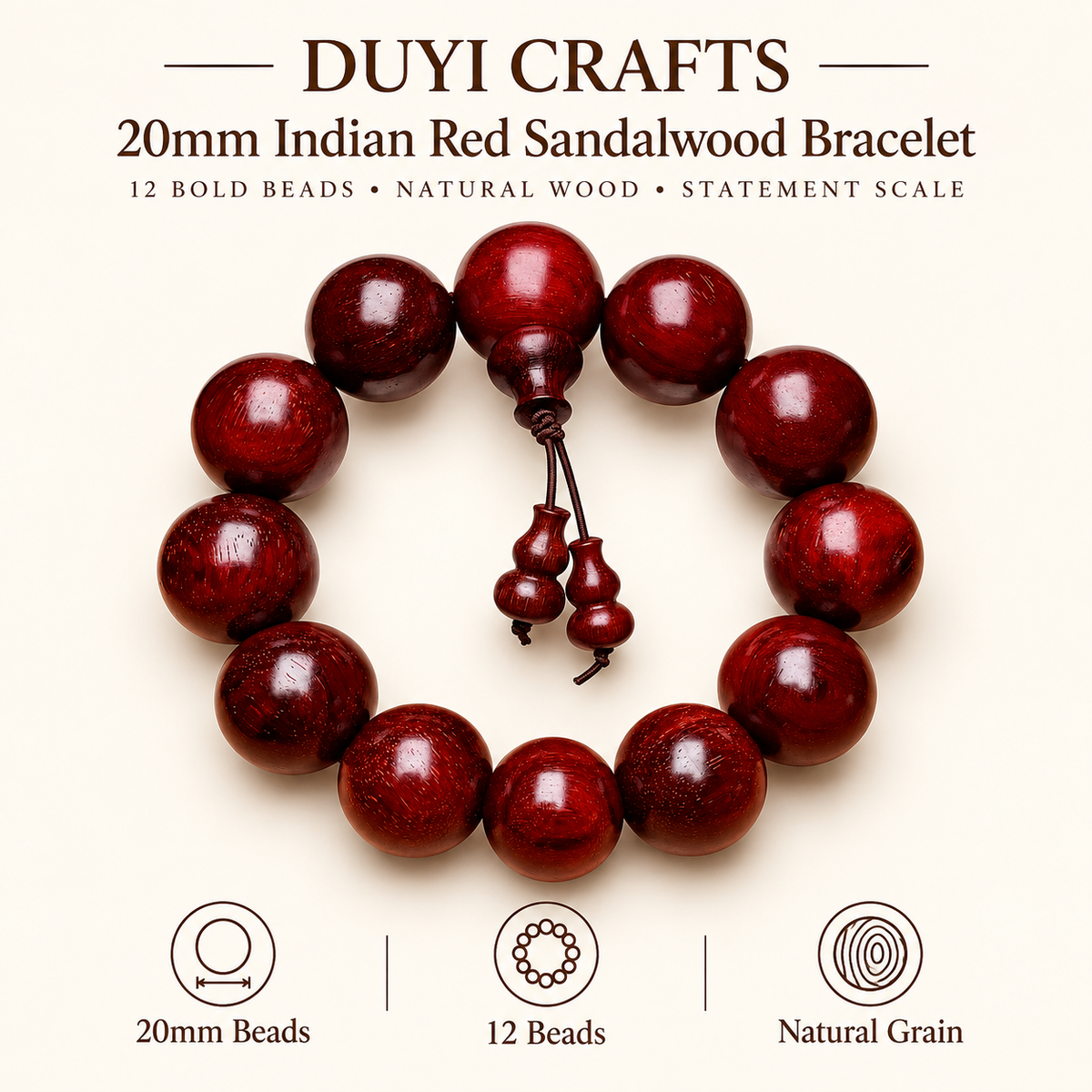 DUYI CRAFTS 20 mm Indian red sandalwood bracelet with 12 bold beads and natural grain