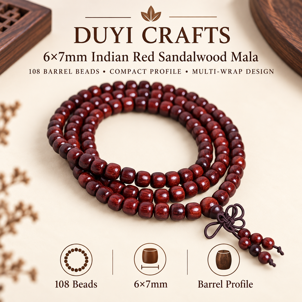 DUYI CRAFTS 6 by 7 mm Indian red sandalwood 108-bead mala with barrel bead profile