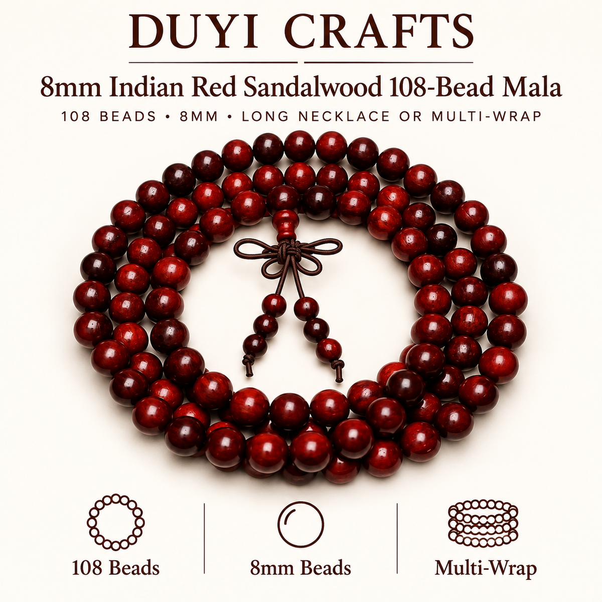 DUYI CRAFTS 8 mm Indian red sandalwood 108-bead mala for long necklace or multi-wrap wear